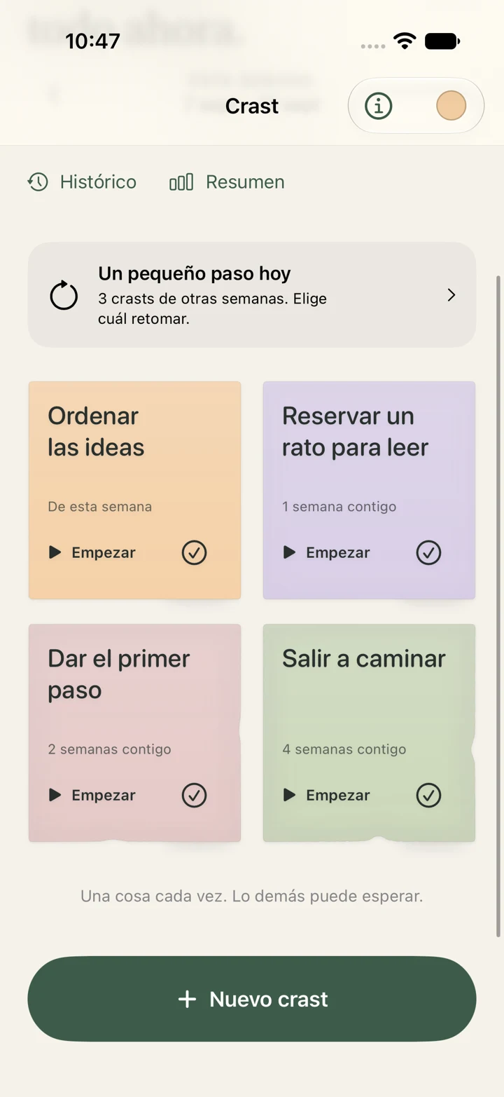 Crast weekly board in Spanish: coloured notes show tasks from this week and earlier weeks.