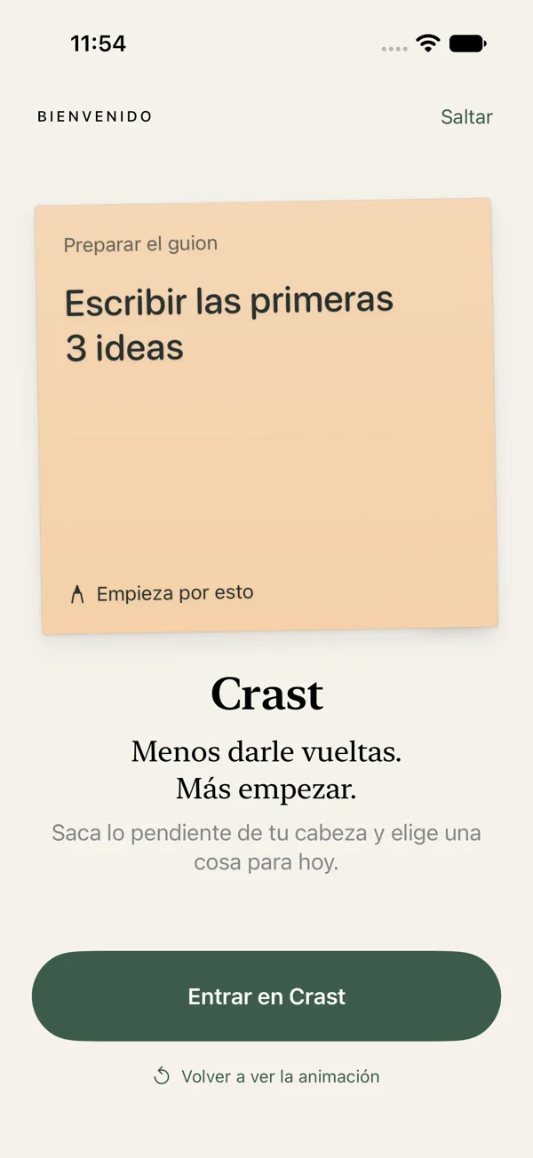 Crast welcome screen in Spanish, inviting you to choose one small action.