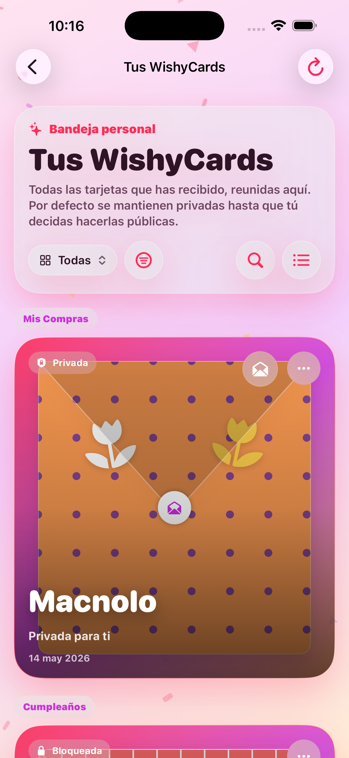 WishyCards on iPhone: gift cards that unlock on a chosen date.